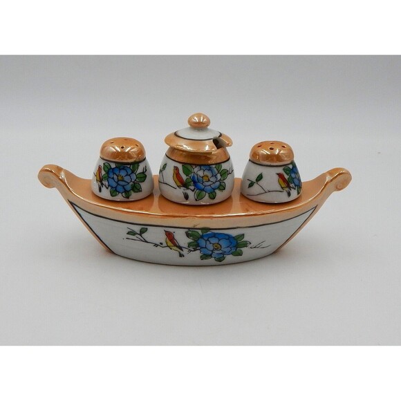 Lustreware Condiment Set Salt Pepper Mustard Jar Boat Peach White Floral Canoe - Picture 1 of 12